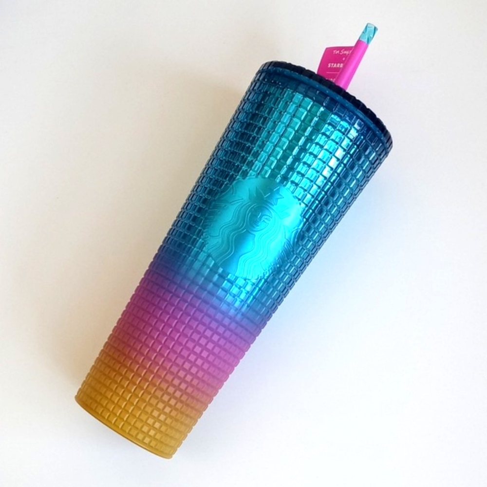 Starbucks Ombre Blue Pink Grid 24 oz Cold Cup Summer Bling Tumbler w Lid Straw